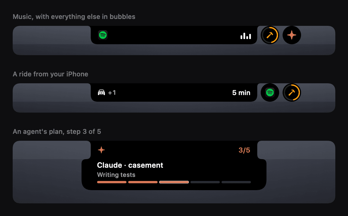 The closed island: music with everything else in bubbles, a ride mirrored from the iPhone, and a coding agent's plan at step 3 of 5